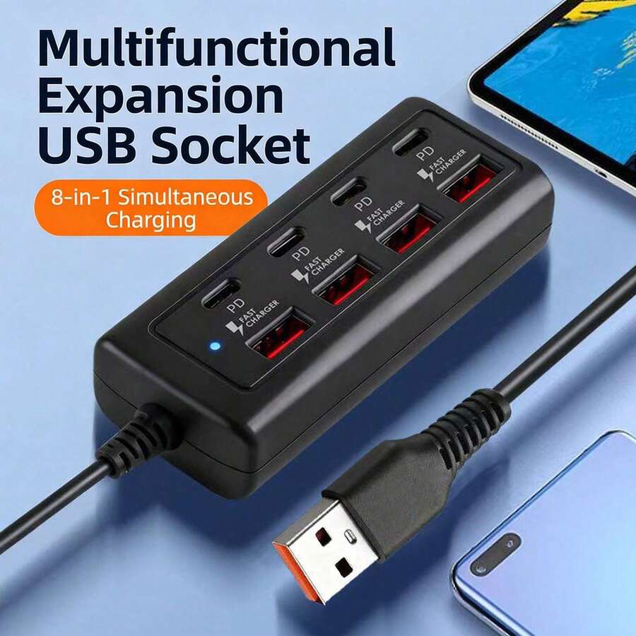 25W 8-Port USB Hub With 4 USB 3.0 Ports And 4 PD Fast Charging Ports, Black And White Options, Universal Compatibility - Black - View 1