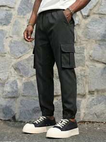 1 pieza Pantalones cargo rectos sueltos y casuales con múltiples bolsillos personalizados para niños y adolescentes, adecuados para primavera, verano y otoño - Negro - Ver 6