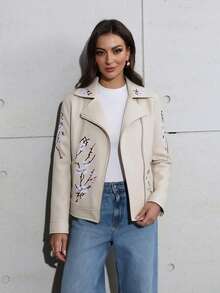 女士复古PU机车夹克（刺绣） - 休闲日常穿着的完美夹克，优雅时尚，是春秋季的理想选择。 - 白色 - 查看 2