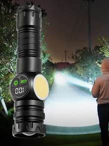 2/1件装耐用型变焦数字显示功率计手电筒，带COB侧灯，快速充电，防水，远射程照明。适用于徒步旅行、登山、车库维修以及各种场景下的家庭应急照明。 - 黑色的 - 查看 2