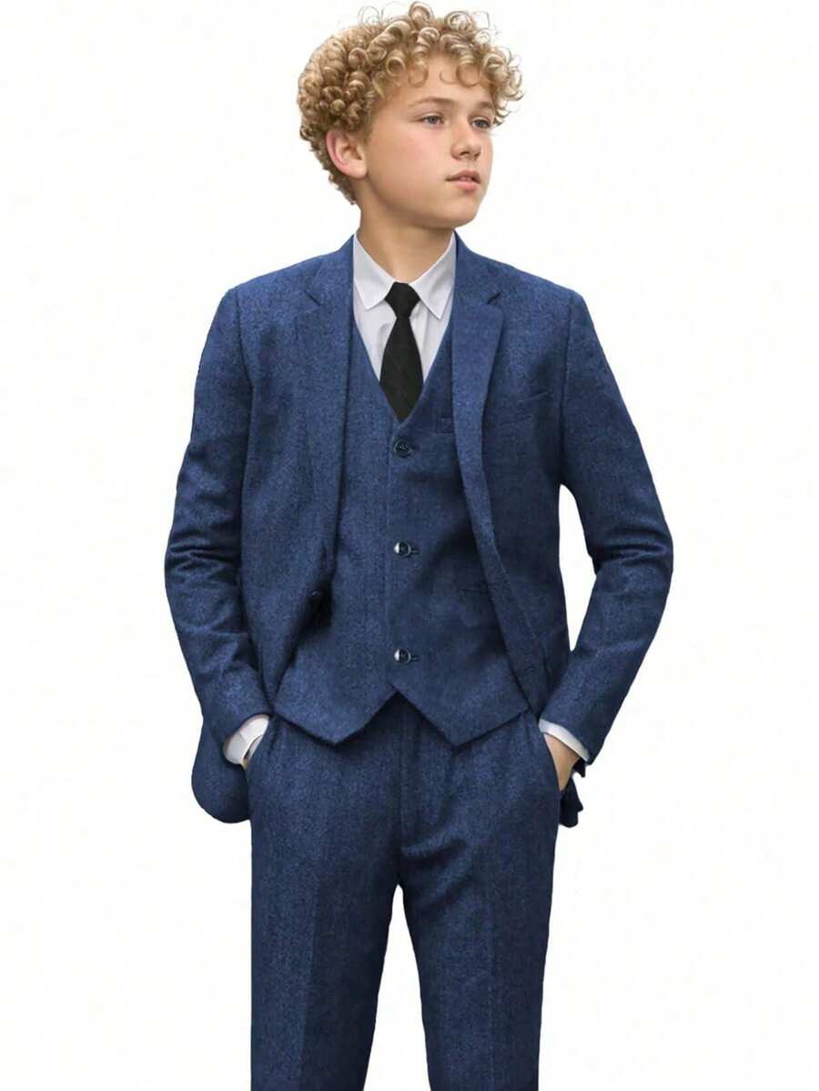 Boys 3 PiecesHerringbone Twill Suit Blazer Waistcoat Dress Pants For Wedding Birthday School Stage Formal Occasions Navy Blue Size 6-16Y - Navy Blue - View 1