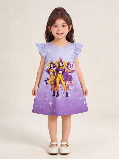女童可爱紫色卡通少女组合印花短袖连衣裙，夏季甜美亮片星星短袖连衣裙，适合音乐节、演唱会、休闲穿着，宽松舒适，青春动漫风