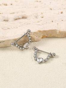 1 par de pendientes de botón con corazón de circonita de acero inoxidable para mujer, accesorio de perforación punk para uso diario - Plateado - Ver 8