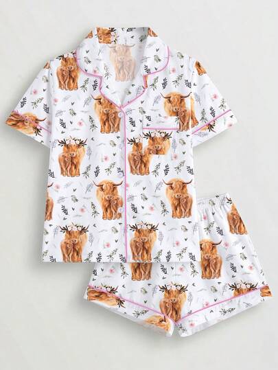 2 件套花卉和牛印花女士睡衣套装，短袖纽扣衬衫，有领和松紧腰短裤，适合节日派对、休闲户外和家居穿着，适合所有季节