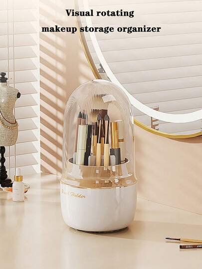 360°旋转透明化妆品收纳盒，带盖，防尘设计，可收纳化妆刷、口红、笔等——卧室或浴室的完美梳妆台装饰，化妆刷架，浴室配件，圣诞礼物，情人节礼物