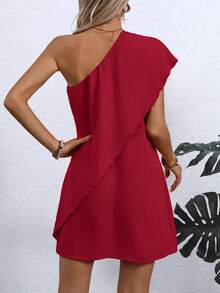 轻盈涤纶不对称露肩连衣裙 - 女士修身款，休闲风格 - 酒紅色 - 查看 3