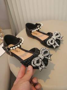 Big Kids Girls Casual School Flats Princess Style Bowknot Rhinestone Pearl Shoes - Black - View 3