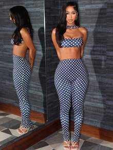 Street Fashion Casual Women's Clothing Autumn And Winter Fashion Sexy Spicy Girl Sleeveless Creative Strapless Tight Backless Pants Set - 藍色 - 查看 4