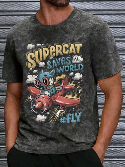 男士复古水洗圆领短袖T恤，印有“超级猫拯救世界”图案，美式街头风