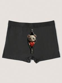 Men's Comfortable Underwear With Bear & Heart Print Pattern, Thin Breathable Elastic Everyday Boxer Briefs - Black - View 1