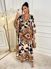 AIJ Amarilo Women's Elegant Floral Print Deep V-Neck Flare Sleeve Dress - Brown - View 4