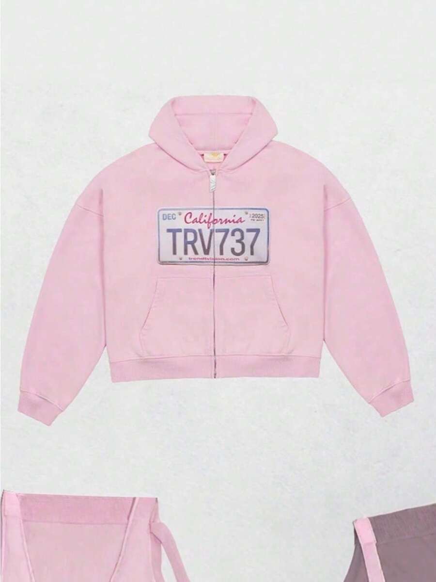 Men's Letter Embroidered Hooded Oversized Vintage Streetwear Jacket - Unisex Style - Baby Pink - View 1