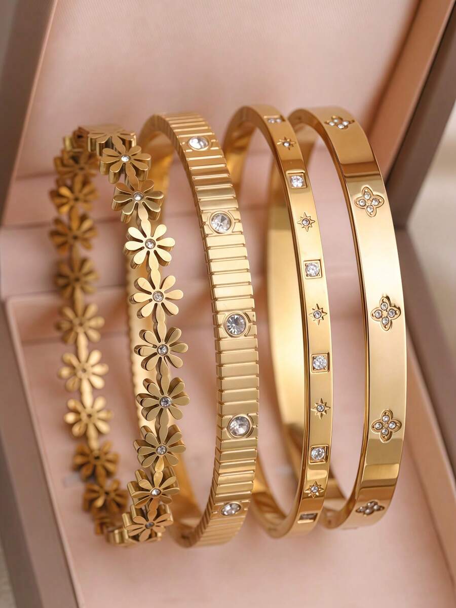 Set de 4/1 pulsera de lujo con incrustaciones de flores y rhinestones dorados, diseño exclusivo de pulsera apilable, joyería de uso diario de acero inoxidable - Amarillo Oro - Ver 1