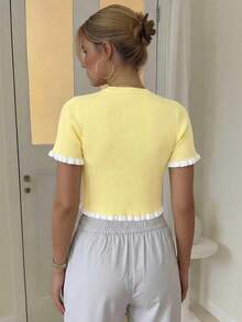 女士优雅假日/毕业针织上衣，休闲短袖米黄色荷叶边下摆针织套头衫，夏季 - 黃色 - 查看 6