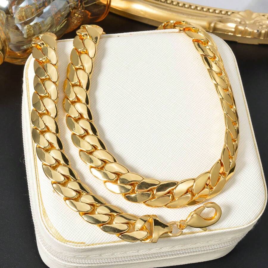 2件套经典简约大号粗链项链手链，11毫米粗，男士嘻哈街头风日常佩戴 - 金色 - 查看 1