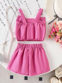 2件套女童休闲3D蝴蝶结串珠吊带背心和短裤套装 - 玫紅色 - 查看 2