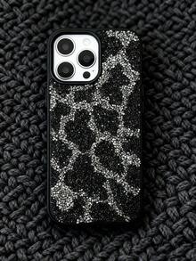 1pc Super Shiny 3D Rhinestone Full Paved Leopard Print Phone Case Compatible With IPhone 17, Fully Studded Starry Sky 16 Pro Max, 15 Leopard Print, Minimalist Fully Rhinestone 14, 13, 12 With Large Camera Hole, 11 - Black - View 4