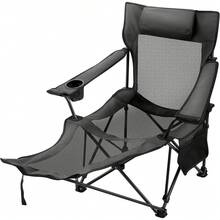 Folding Camp Chair With Footrest Mesh, Portable Lounge Chair With Cup Holder And Storage Bag, For Camping Fishing And Other Outdoor Activities (Grey) - Xám - Xem 8