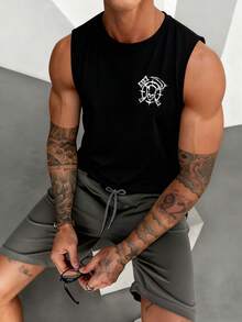 男士时尚百搭骷髅印花无袖背心，夏季 - 黑色 - 查看 2