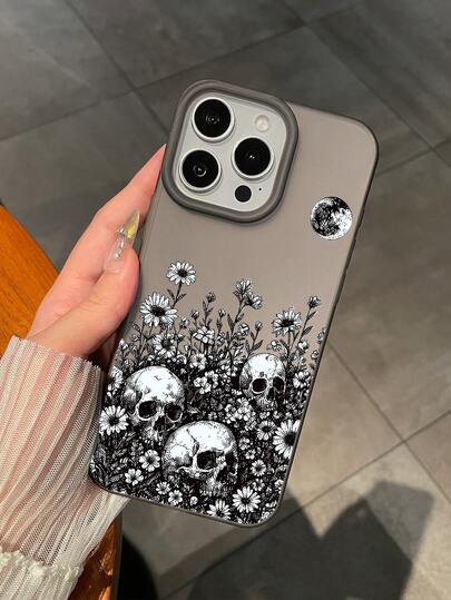 1个骷髅、花卉和月相印花半透明哑光黑色手机壳，防震防刮防滑，兼容 11/12/13/14/15/16/16 Plus/16 Pro/16 Pro Max/17/17 Pro/17 Pro Max和Galaxy S24 Ultra/S25 Ultra/A06/A17，适合哥特爱好者、暗黑花卉爱好者、生日礼物和日常使用。