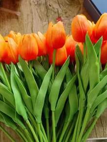 3 piezas de flores de tulipán artificiales, tulipanes miniatura de PU realistas para decoración del hogar de estilo nórdico, bodas, y accesorios de fotografía - Naranja - Ver 7