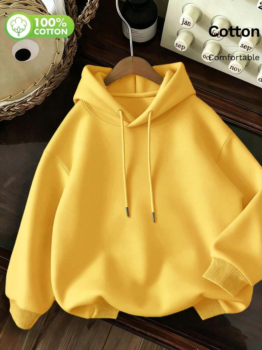 Women's All-Match Casual Solid Color Loose Hoodie - Yellow - View 1