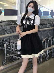 Collegiate Style 2 In 1 Cinching Waist Bow Decor Dress (With Tie) Black Elegant Summer - Black - View 4