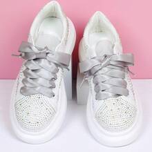 Flat Colorful Satin Shoelaces, 3/ 4inch Width, Women's/Girls' Shoelaces, White, 47inch (120) Cm: Clothing, Shoes, And Jewelry - 淺灰色絲帶 - 查看 3