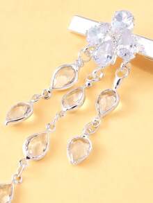 1 pieza Elegante pasador de cabello con forma de lágrima, con colgante de borla con strass, pasador de cabello lateral elegante para mujeres - Plateado - Ver 4