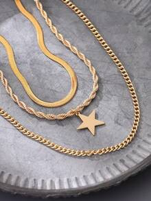 3件套独特不锈钢镀金丝光滑刀片链，搭配扭编多层五角星吊坠项链，适合女孩海滩度假佩戴 - 金黃色 - 查看 2