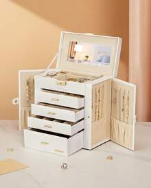 Synthetic Leather Huge Jewelry Box Mirrored Watch Organizer Necklace Ring Earring Storage Lockable Gift Case (White + Gold) - White + Gold - View 6