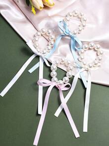 1/4 件装 女孩大号仿珍珠丝带蝴蝶结发圈，可爱新款丝带蝴蝶结流苏发绳发圈，优雅珍珠马尾辫发饰，适合节日派对和日常使用 - 彩色 - 查看 4