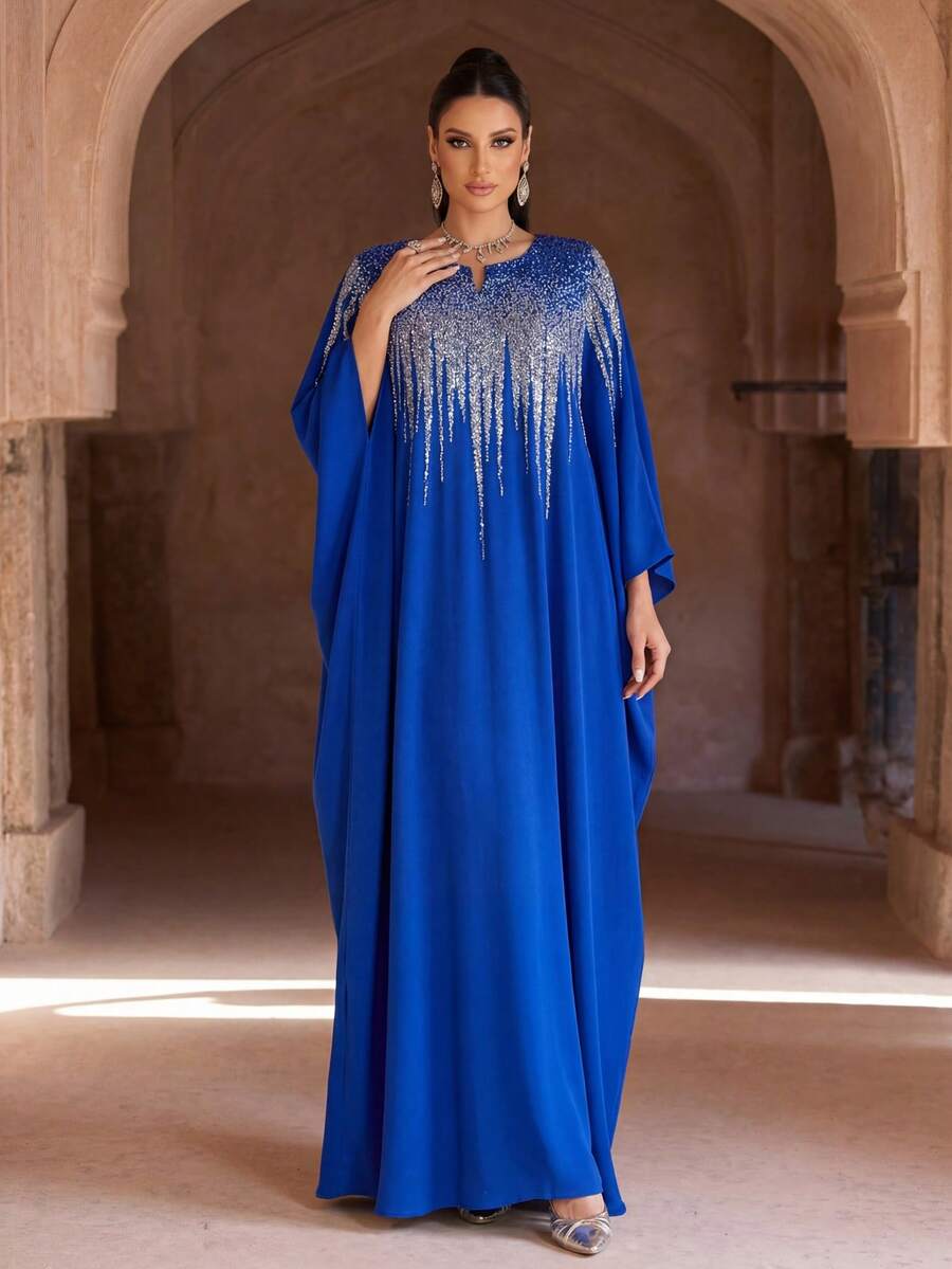 新款优雅复古圆领镂空长款阿拉伯传统长袍 - 寶藍色 - 查看 1