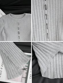 法式圆领镂空针织衫，休闲修身长袖内搭，适合早春穿着 - 灰色 - 查看 9