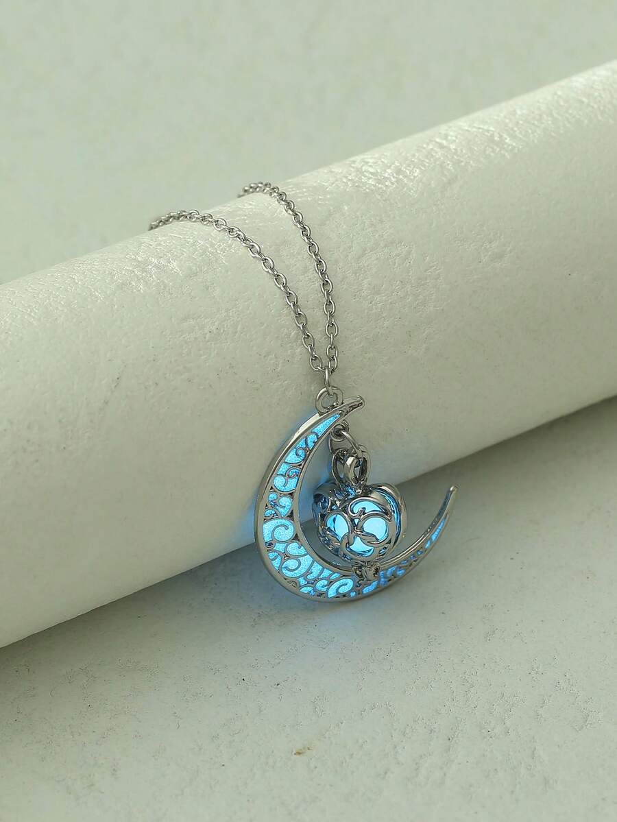 1件月亮和心形夜光吊坠项链，需要充电才能发光（不充电不会发光），适合情人节、万圣节、亡灵节等节日佩戴。 - 銀色 - 查看 1