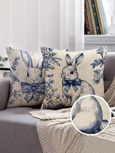 2pcs Easter Bunny Printed Pillow Covers, Oil Painting Style, Invisible Zipper, Washable, No Filling, Suitable For Home Decor, Living Room, Pillow Case, Cushion, Sofa Decor, Bedroom Decor, Sofa Pad, Cushion Cover