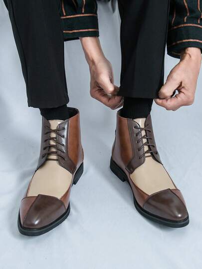 Men's Retro Color Block Pointed Toe Shiny Leather Boots, Fashionable Business Casual High-Top Elevator Shoes