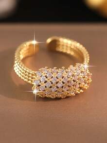 1枚优雅几何全立方氧化锆订婚戒指，女士结婚纪念日生日节日可开合戒指，铜质首饰礼品 - 金黃色 - 查看 3