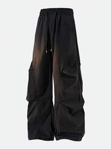 Men's Black Oversized Baggy Wide Leg Cargo Parachute Pants Drawstring Elastic Waist With Pockets Loose Fitting Retro Punk Casual Streetwear Lightweight Comfortable Versatile Unisex Casual Pant For Everyday Wear Going Out Workout Classic American Outfit - màu đen - Xem 2