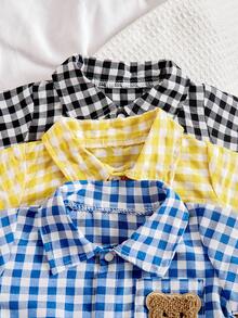 3pcs/Set Summer New Baby Boy Polo Collar Chest Pocket Embroidered Bear Plaid Short Sleeve Romper Outfit Set - Multicolor - View 3