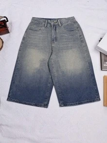 Quần jean Bermuda ống rộng có túi họa tiết râu mèo kiểu vintage Y2K, quần lửng casual, trang phục mùa thu hè. - Màu xanh chuyển sắc - Xem 4