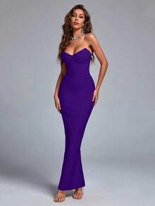 Bernatova Sexy Strapless Midi Bodycon Cocktail Party Dress In Purple, With Back Slit Design, Suitable For Birthday, Back To School, Graduation, Wedding Guest, Evening Party Spring - Purple - View 1