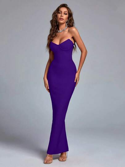 Bernatova Sexy Strapless Midi Bodycon Cocktail Party Dress In Purple, With Back Slit Design, Suitable For Birthday, Back To School, Graduation, Wedding Guest, Evening Party Spring