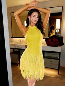 优雅黄色无袖亮片流苏拼接露背派对连衣裙 - 黃色 - 查看 1