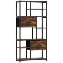 Storage Shelf, 2 Fabric Drawers, 9 Open Compartments, Freestanding Shelf With Steel Frame, Brown And Black - 1PC - View 9
