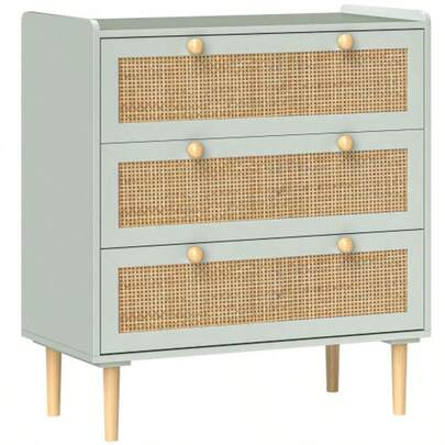 Three-Drawer Chest/Sideboard, Bohemian Style, Rattan Look, For Living Room Or Bedroom, Light Blue, 80 X 40 X 87.5 Cm