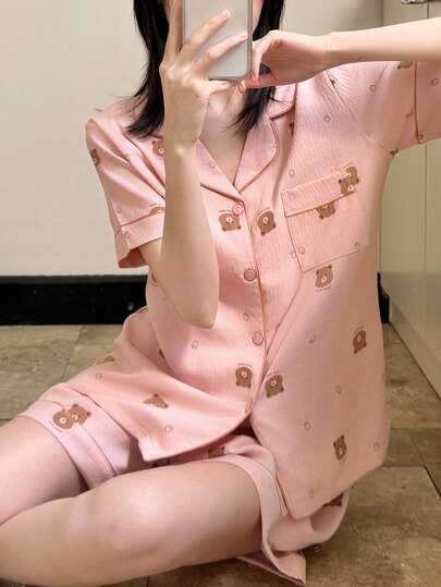 Pure Slumber 2pcs Pink Women's Pajama Set, Textured Lapel Button-Front Short Sleeve Top And Shorts