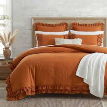Ruffled Duvet Cover Set Pink Boho Bedding Set Pleated Ruffle Fringe Romantic Bedroom Decor Super Soft Breathable Comforter Cover Set - 鐵鏽紅色 - 查看 9