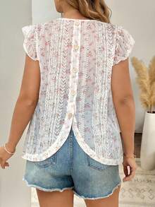 大码女式印花纯色梭织面料荷叶边/褶边下摆纽扣衬衫，夏季度假 - 彩色 - 查看 1