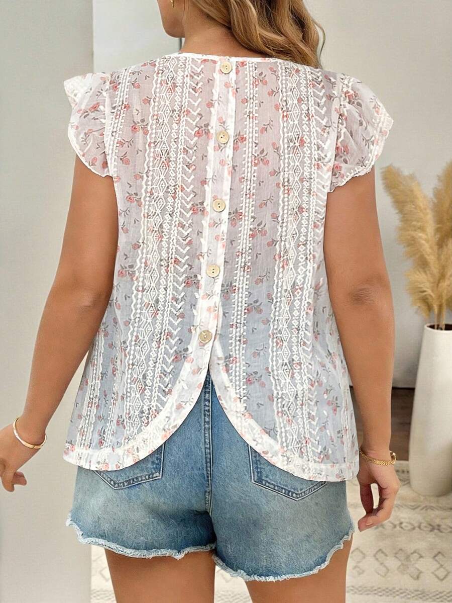 大码女式印花纯色梭织面料荷叶边/褶边下摆纽扣衬衫，夏季度假 - 彩色 - 查看 1